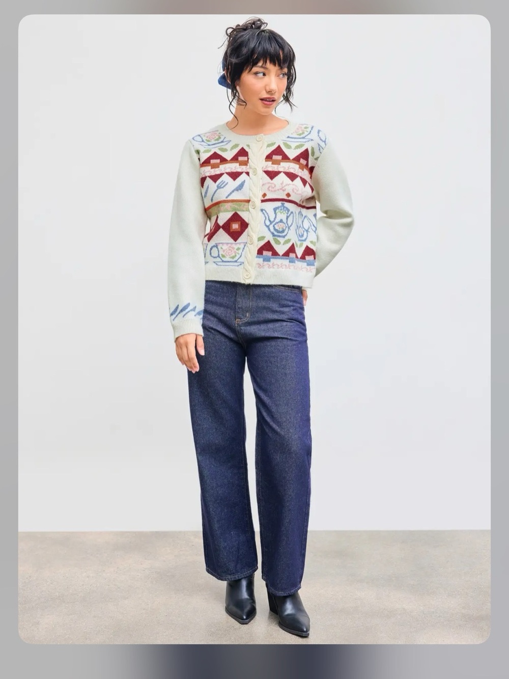 Cider CABLE KNIT ROUND NECKLINE GEOMETRIC CARDIGAN S WC19-4 - Picture 3 of 5